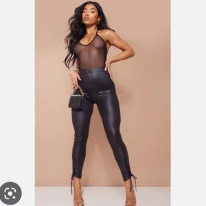 Black Leather Look Ruched Cuff Tie Detail Leggings